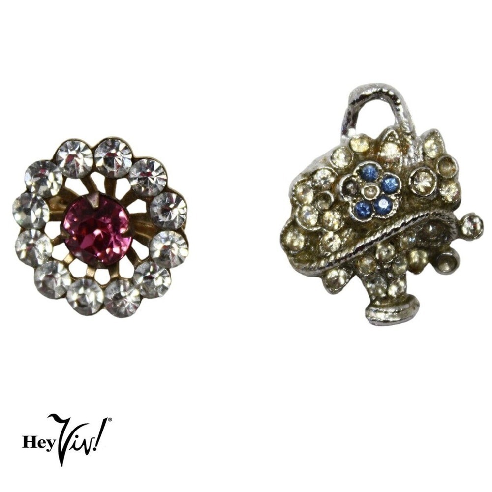 Two Vintage Scatter Pins Basket w Flowers and Round Rhinestone 5/8" - Hey Viv